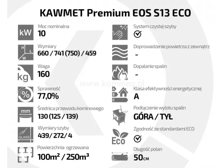 Piec kominkowy żeliwny KAWMET Premium EOS S13 (10 kW) - atrybuty