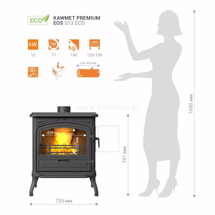 Piec kominkowy żeliwny KAWMET Premium EOS S13 (10 kW) - karta techniczna