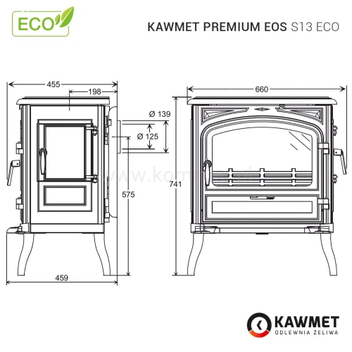 Piec kominkowy żeliwny KAWMET Premium EOS S13 (10 kW) - schemat
