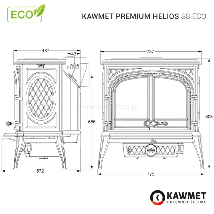 Piec kominkowy żeliwny KAWMET Premium HELIOS S8 (13,9 kW) - schemat