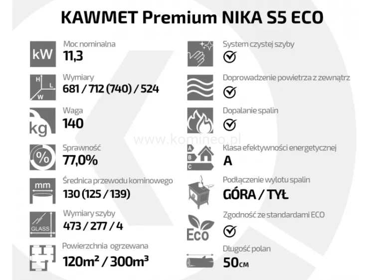 Piec kominkowy żeliwny KAWMET Premium NIKA S5 (11,3 kW) - atrybuty