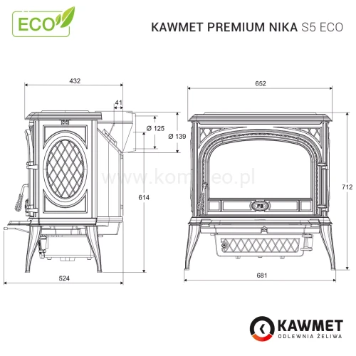Piec kominkowy żeliwny KAWMET Premium NIKA S5 (11,3 kW) - schemat