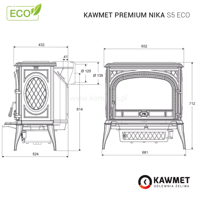 Piec kominkowy żeliwny KAWMET Premium NIKA S5 (11,3 kW) - schemat