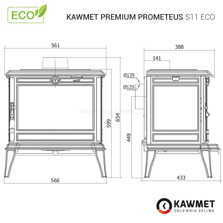 Piec kominkowy żeliwny KAWMET Premium PROMETEUS S11 - schemat