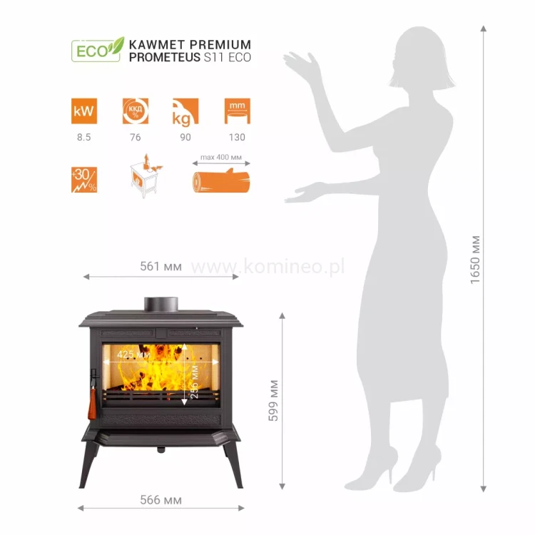 Piec kominkowy żeliwny KAWMET Premium PROMETEUS S11 - karta techniczna