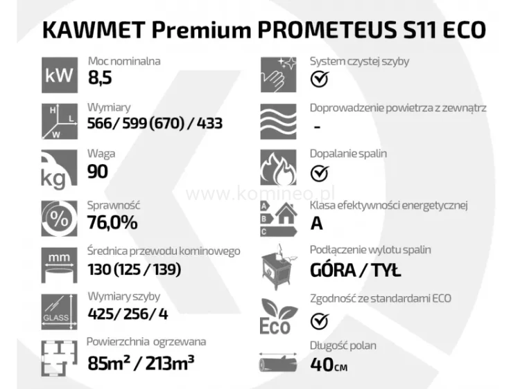 Piec kominkowy żeliwny KAWMET Premium PROMETEUS S11 - atrybuty