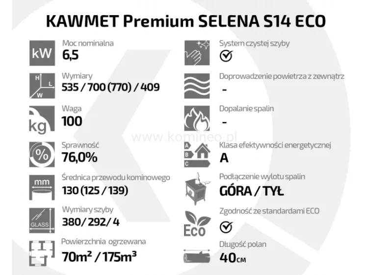 Piec kominkowy żeliwny KAWMET Premium SELENA S14 ECO - atrybuty