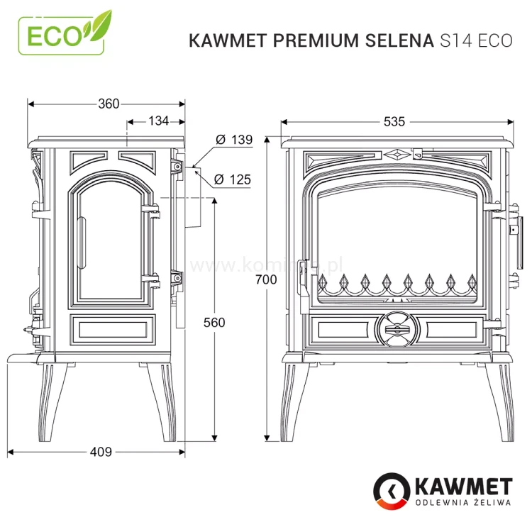 Piec kominkowy żeliwny KAWMET Premium SELENA S14 ECO - schemat