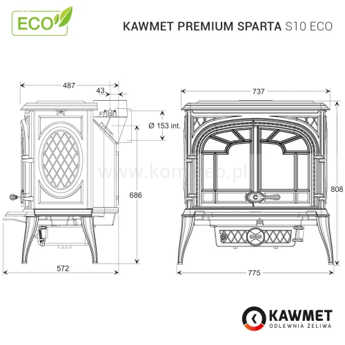 Piec kominkowy żeliwny KAWMET Premium SPARTA S10 ECO - schemat