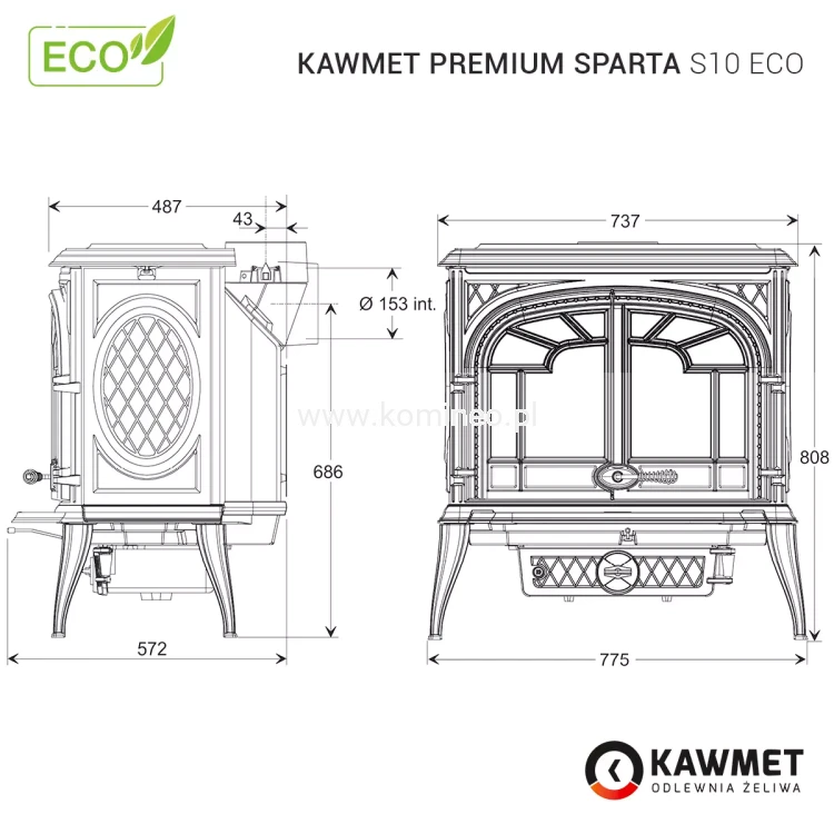 Piec kominkowy żeliwny KAWMET Premium SPARTA S10 ECO - schemat