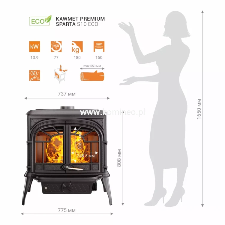 Piec kominkowy żeliwny KAWMET Premium SPARTA S10 ECO - karta techniczna