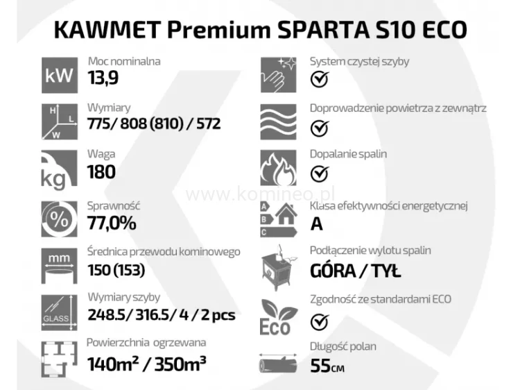 Piec kominkowy żeliwny KAWMET Premium SPARTA S10 ECO - atrybuty