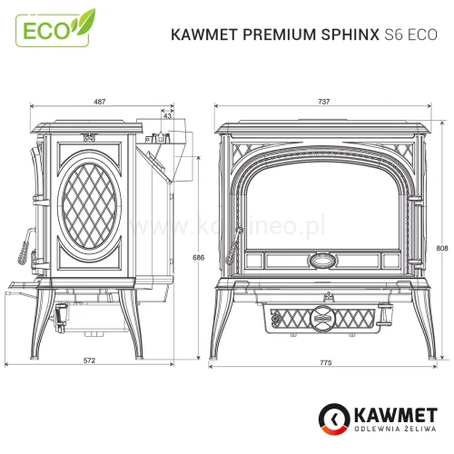 Piec kominkowy żeliwny KAWMET Premium SPHINX S6 ECO - schemat