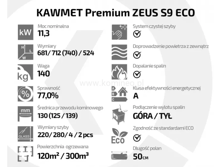 Piec kominkowy żeliwnyac KAWMET Premium ZEUS S9 ECO - atrybuty