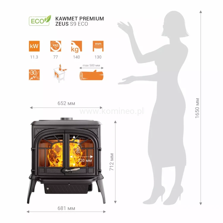 Piec kominkowy żeliwnyac KAWMET Premium ZEUS S9 ECO - karta techniczna