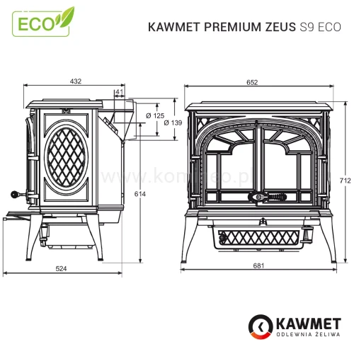 Piec kominkowy żeliwnyac KAWMET Premium ZEUS S9 ECO - schemat