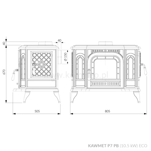 Piec kominkowy żeliwny z płytą grzewczą KAWMET P7 CookTop LB ECO - schemat.webp