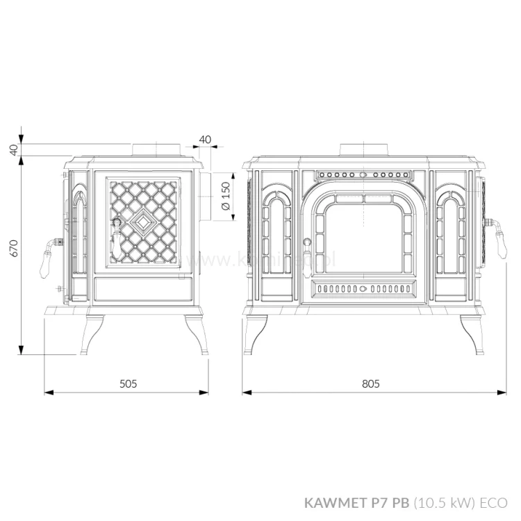 Piec kominkowy żeliwny z płytą grzewczą KAWMET P7 CookTop LB ECO - schemat.webp