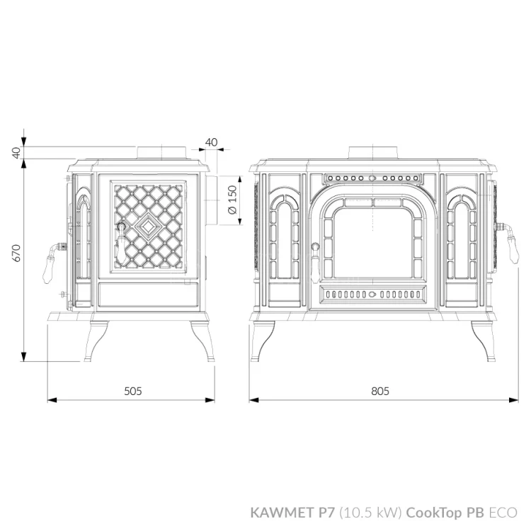 Piec kominkowy żeliwny z płytą grzewczą KAWMET P7 CookTop PB ECO schemat