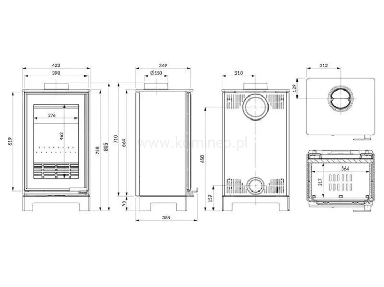 Piec kominkowy stalowo-żeliwny KAWMET VENUS S16 Basic ECO - schemat