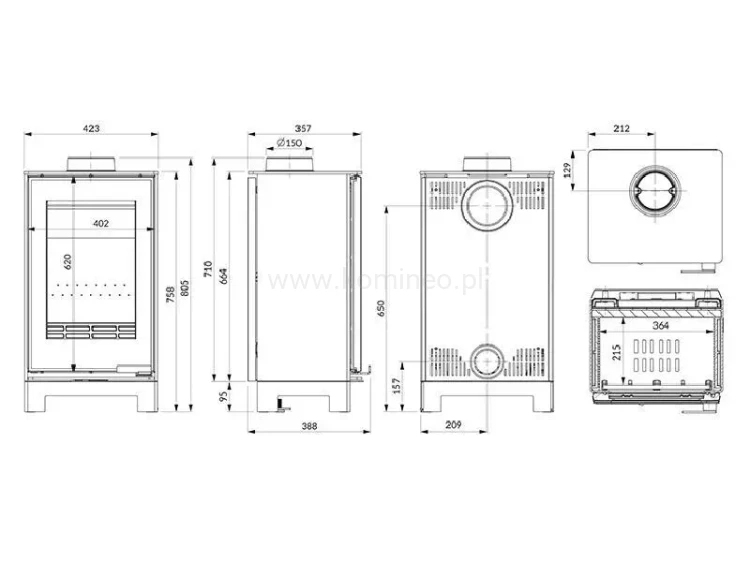 Piec kominkowy stalowo-żeliwny KAWMET VENUS S16 Basic Decor ECO - schemat