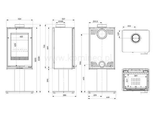 Piec kominkowy stalowo-żeliwny KAWMET VENUS S16 Leg Decor ECO - schemat