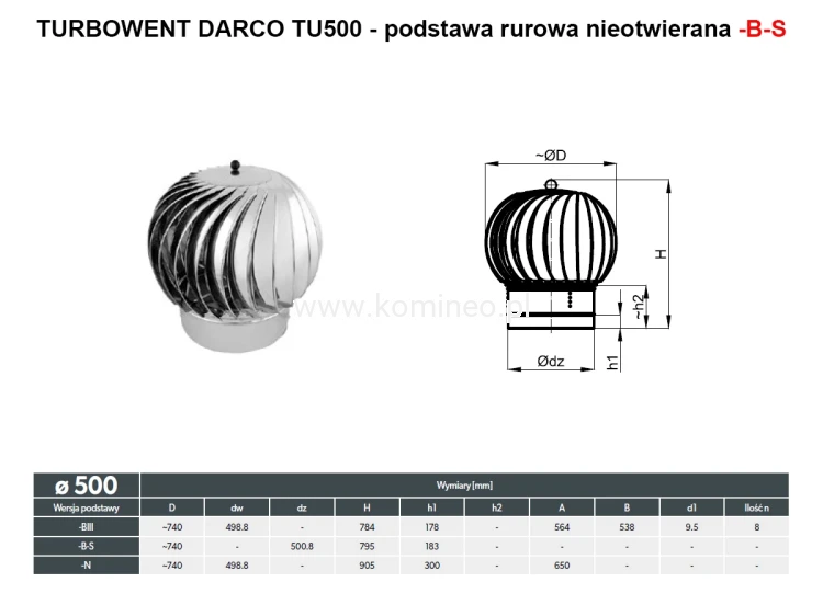 Turbowent DARCO TU500-B-S podstawa rurowa nieotwierana - schemat