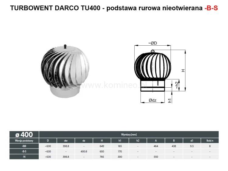 Turbowent DARCO TU400-B-S podstawa rurowa nieotwierana - schemat