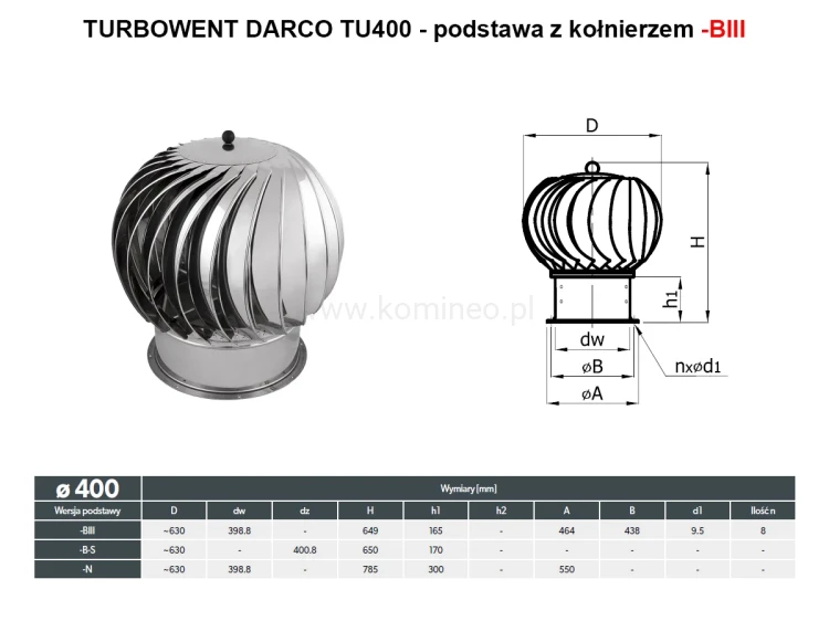 Turbowent DARCO TU400-BIII podstawa z kołnierzem - schemat