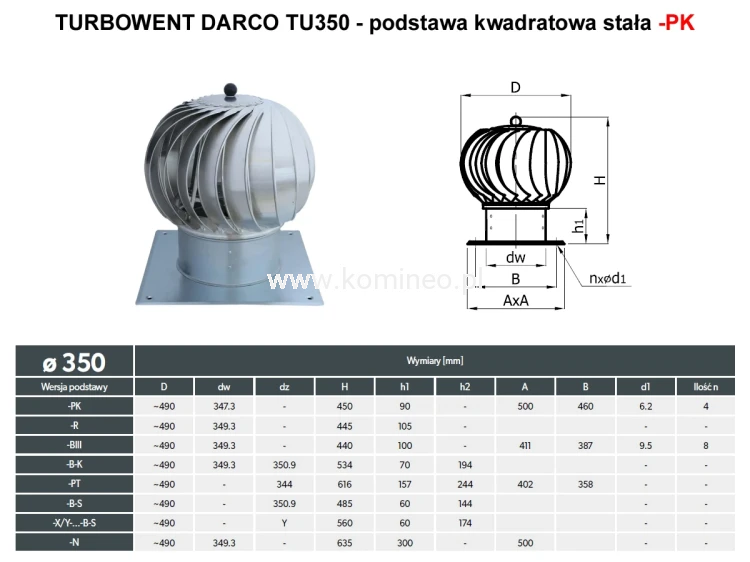 Turbowent DARCO TU350-PK podstawa kwadratowa stała - schemat