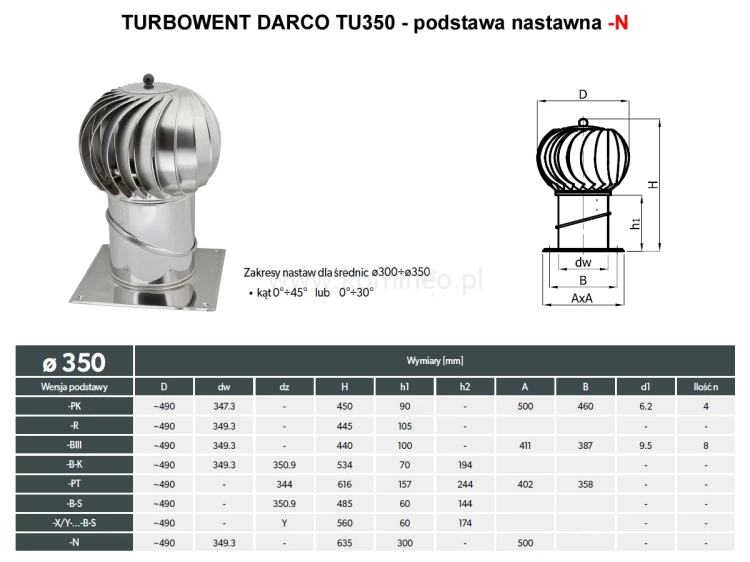 Turbowent DARCO TU350-N podstawa nastawna kwadratowa - schemat