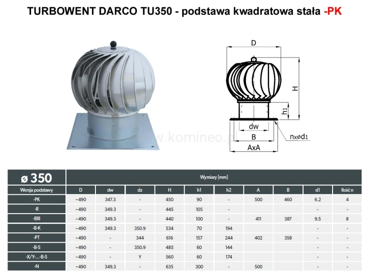 Turbowent DARCO TU350-PK podstawa kwadratowa stała - schemat