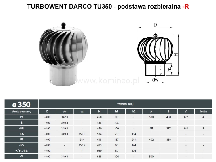 Turbowent DARCO TU350-R podstawa rozbieralna - schemat
