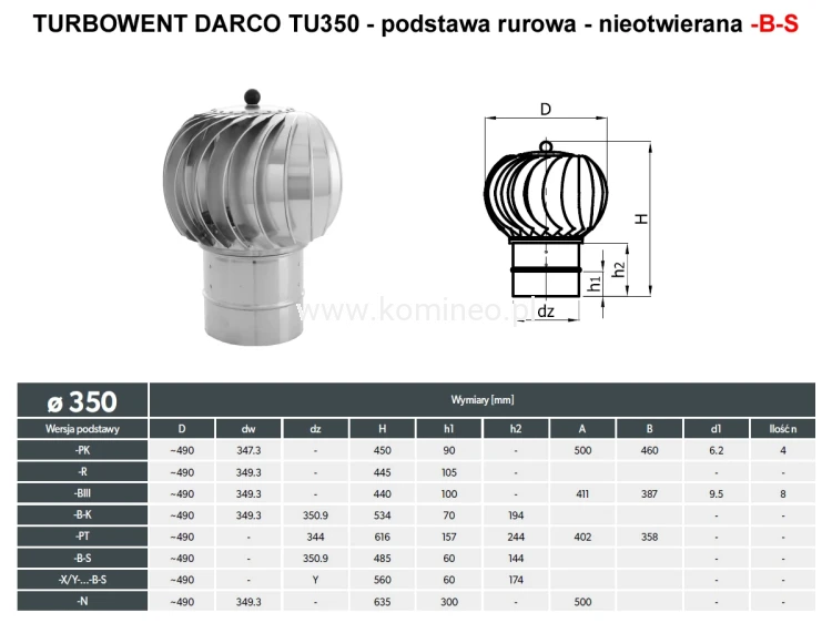 Turbowent DARCO TU350-B-S podstawa rurowa nieotwierana