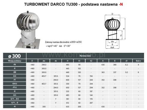 Turbowent DARCO TU300-N podstawa nastawna kwadratowa - schemat