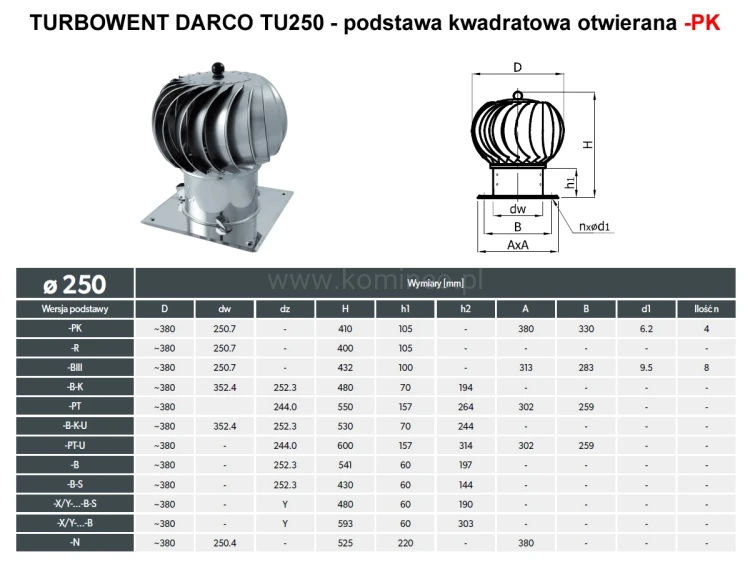 Turbowent DARCO TU250-PK podstawa kwadratowa otwierana - schemat
