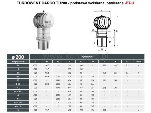 Turbowent DARCO TU200-PT-U podstawa wciskana otwierana- schemat