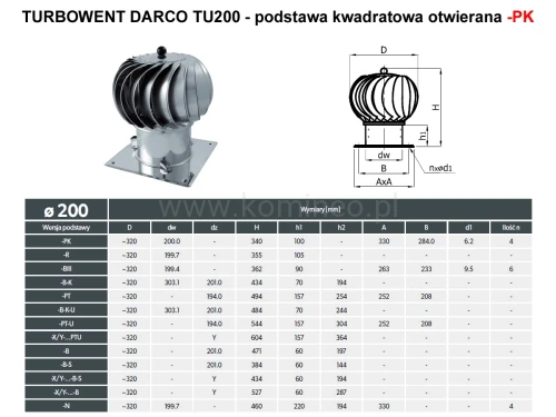 Turbowent DARCO TU200-PK podstawa kwadratowa otwierana - schemat