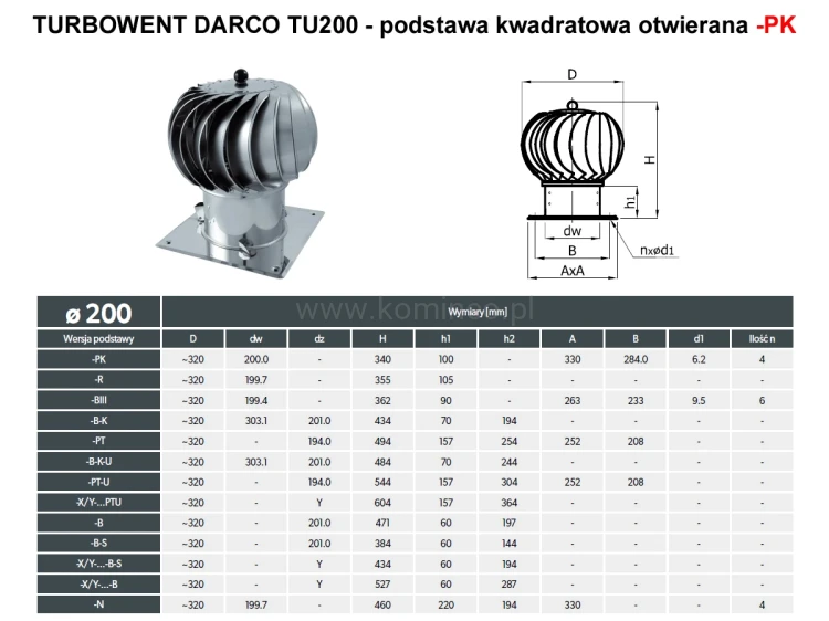 Turbowent DARCO TU200-PK podstawa kwadratowa otwierana - schemat