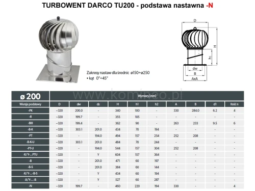 Turbowent DARCO TU200-N podstawa nastawna kwadratowa - schemat