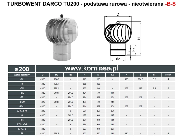 Turbowent DARCO TU200-B-S podstawa rurowa nieotwierana