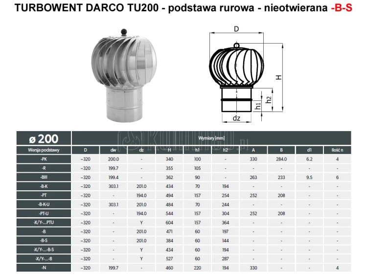 Turbowent DARCO TU200-B-S podstawa rurowa nieotwierana