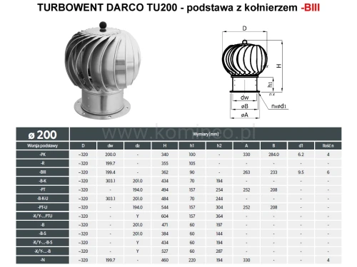 Turbowent DARCO TU200-BIII podstawa z kołnierzem - schemat