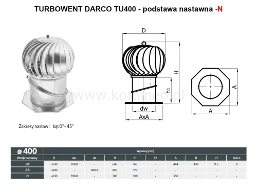 Nasada kominowa DARCO TURBOWENT TU400-N podstawa nastawna - schemat