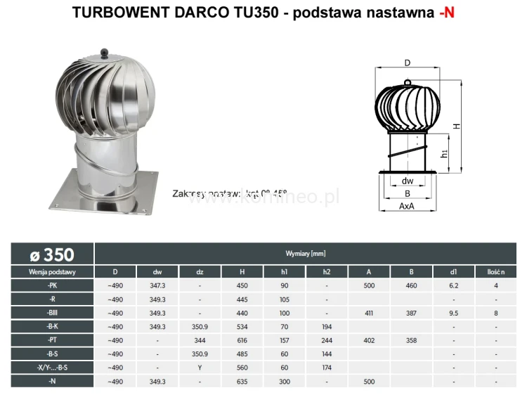 Turbowent DARCO TU350-N podstawa nastawna 0-45 -schemat
