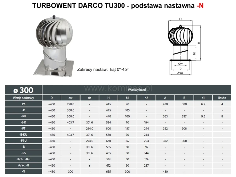 Turbowent DARCO TU300-N podstawa nastawna 0-45 -schemat