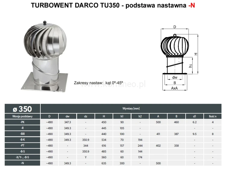 Turbowent DARCO TU350-N podstawa nastawna - schemat
