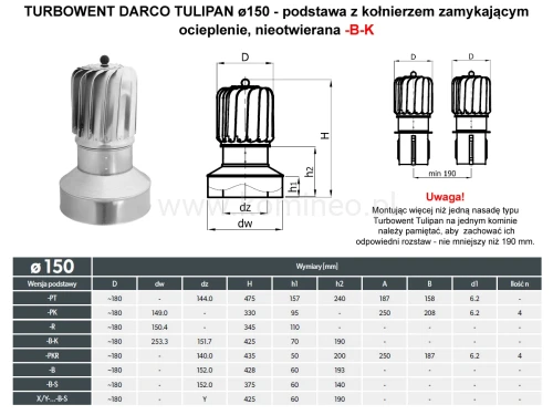 Turbowent DARCO TULIPAN TU150-T-B-K podstawa z kołnierzem zamykającym ocieplenie - schemat