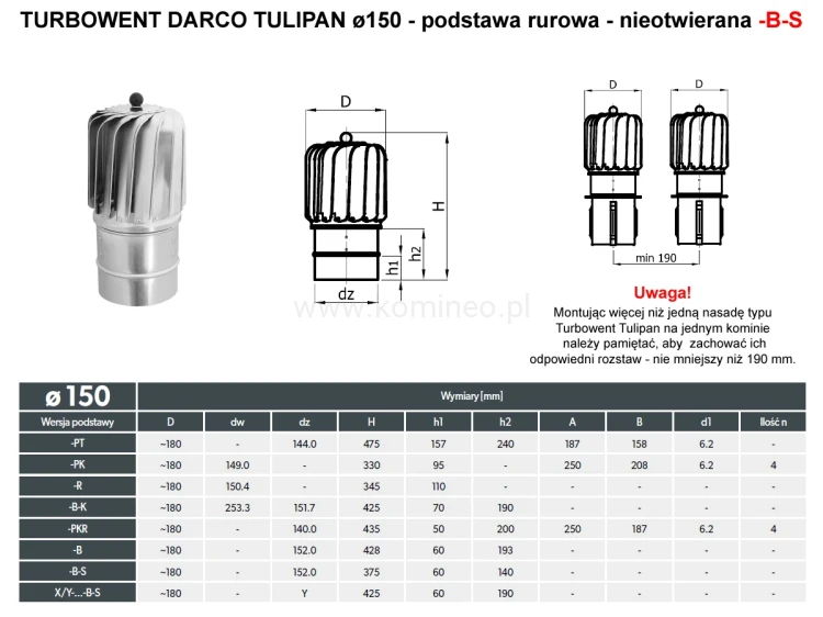 Turbowent DARCO TULIPAN TU150-T-B-S podstawa rurowa nieotwierana - schemat
