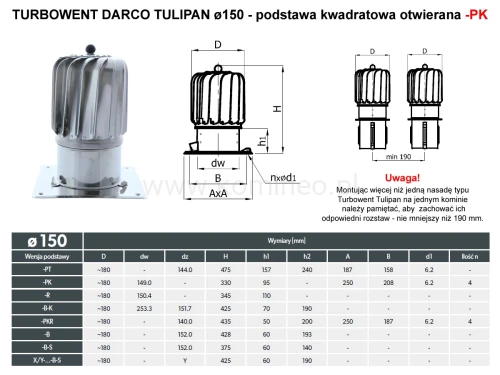 Turbowent DARCO TULIPAN TU150-T-PK podstawa kwadratowa otwierana - schemat